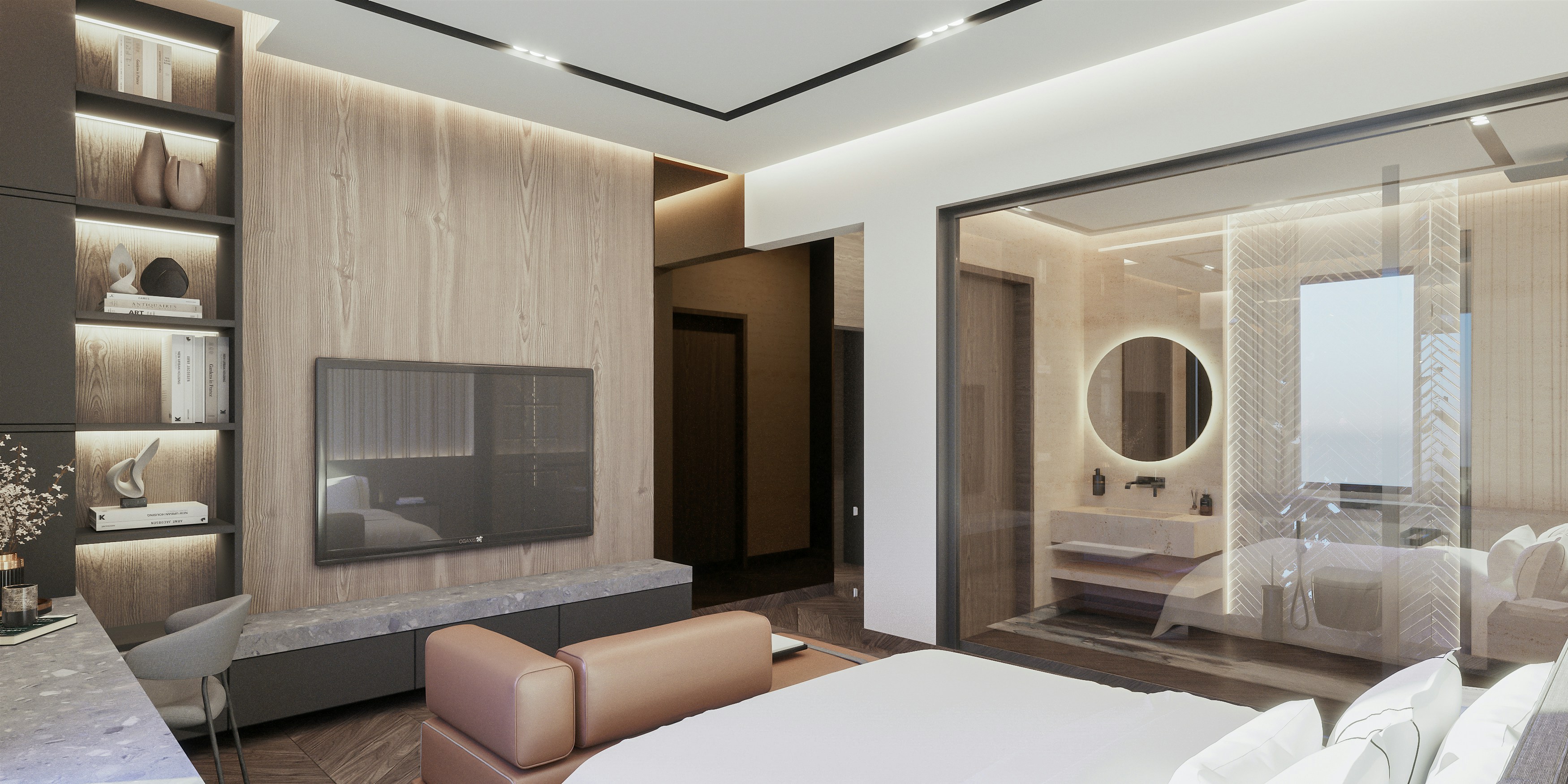 Modern luxury suite with king bed and city view